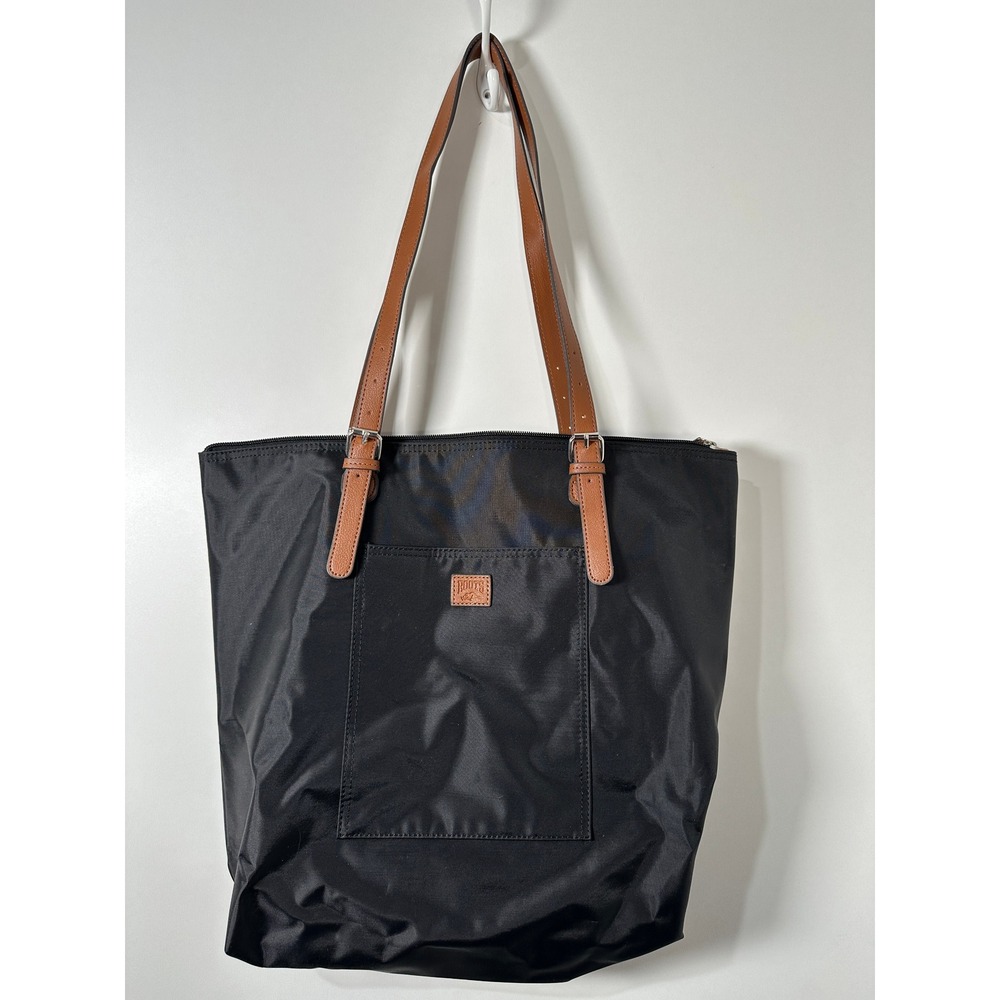 Roots Black Nylon Large Tote Bag Tan Adjustable Straps Minimalist Work Travel